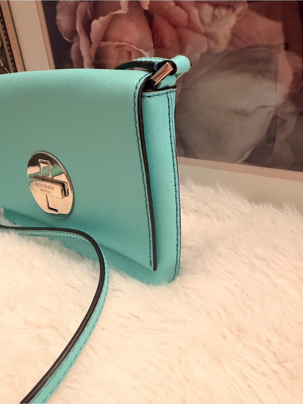 Kate Spade Mint Green Leather Crossbody Bag w/Multicolored Striped Interior GUC - Picture 13 of 16